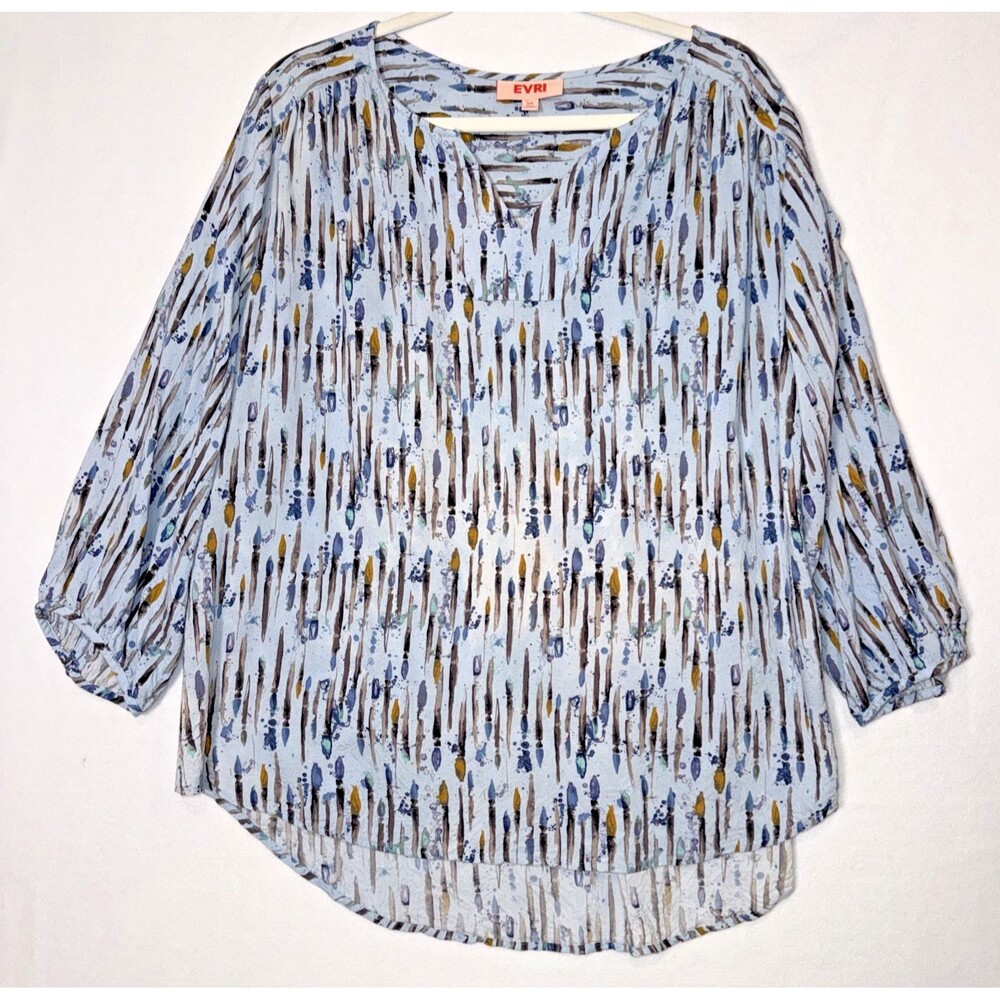 EVRI Women's Sz 1X Top Tunic Blue Brush Lightweight Flowy 3/4 Sleeve Lagenlook